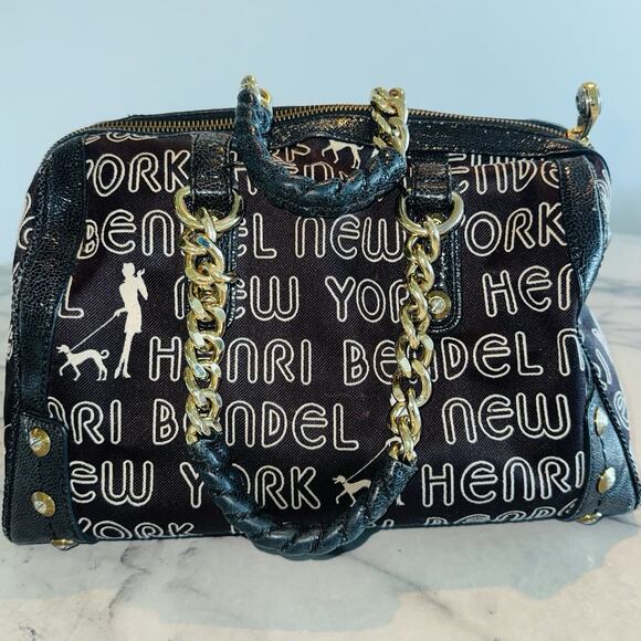 Henri Bendel Signature Brown Logo Speedy Satchel Large Handbag 13"x7x8 Gold - Picture 2 of 13